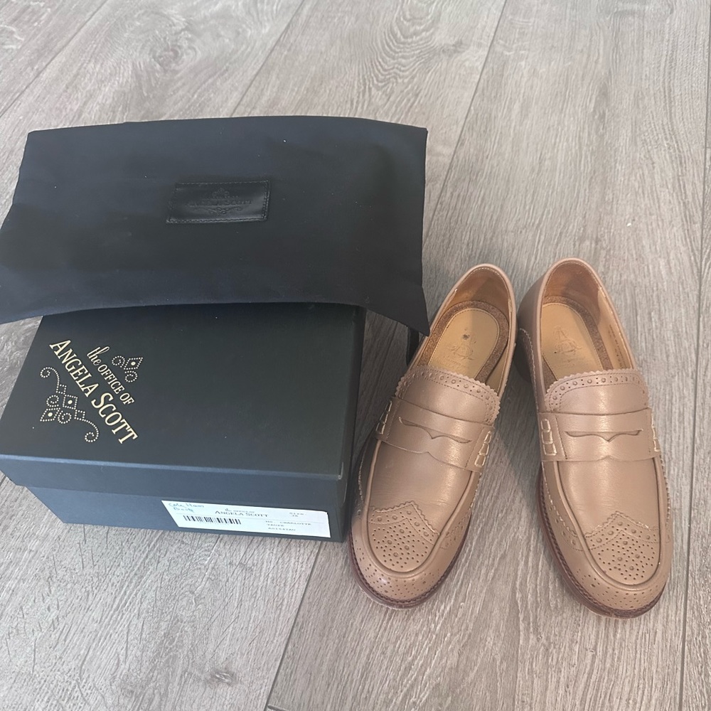 EUC The Office Of Angela Scott Ms Charlotte Loafer Taupe Size 36 - MSRP $595